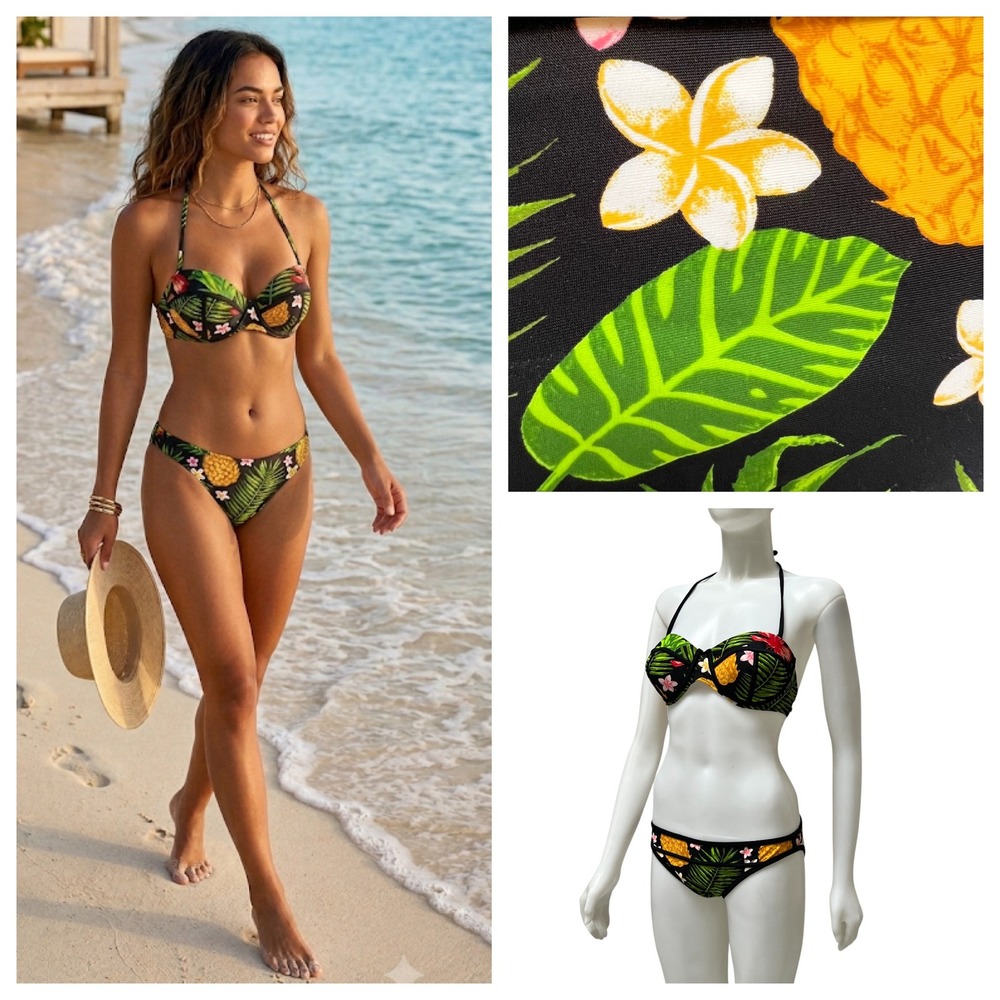 ICY Swimwear Tropical Pineapple Push Up Bikini Set Floral Hawaiian Resortwear L